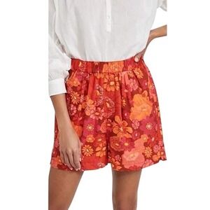 Free People Floral‎ Print Shorts Orange Pink High Waist Button Pocket Size M